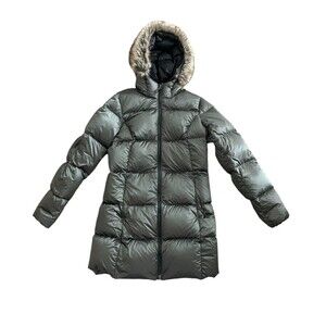 Eddie Bauer Goose Down Puffer Jacket Womens Small Parka Olive Green Fur Trim
